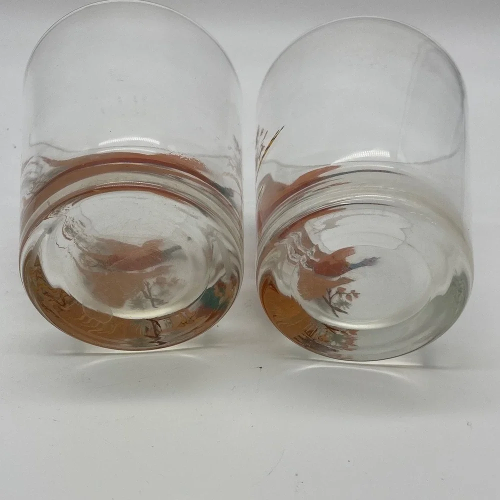 Vintage Pheasant Game Bird Drinking Glass Set of 2 Clear Tapered MCM Barware